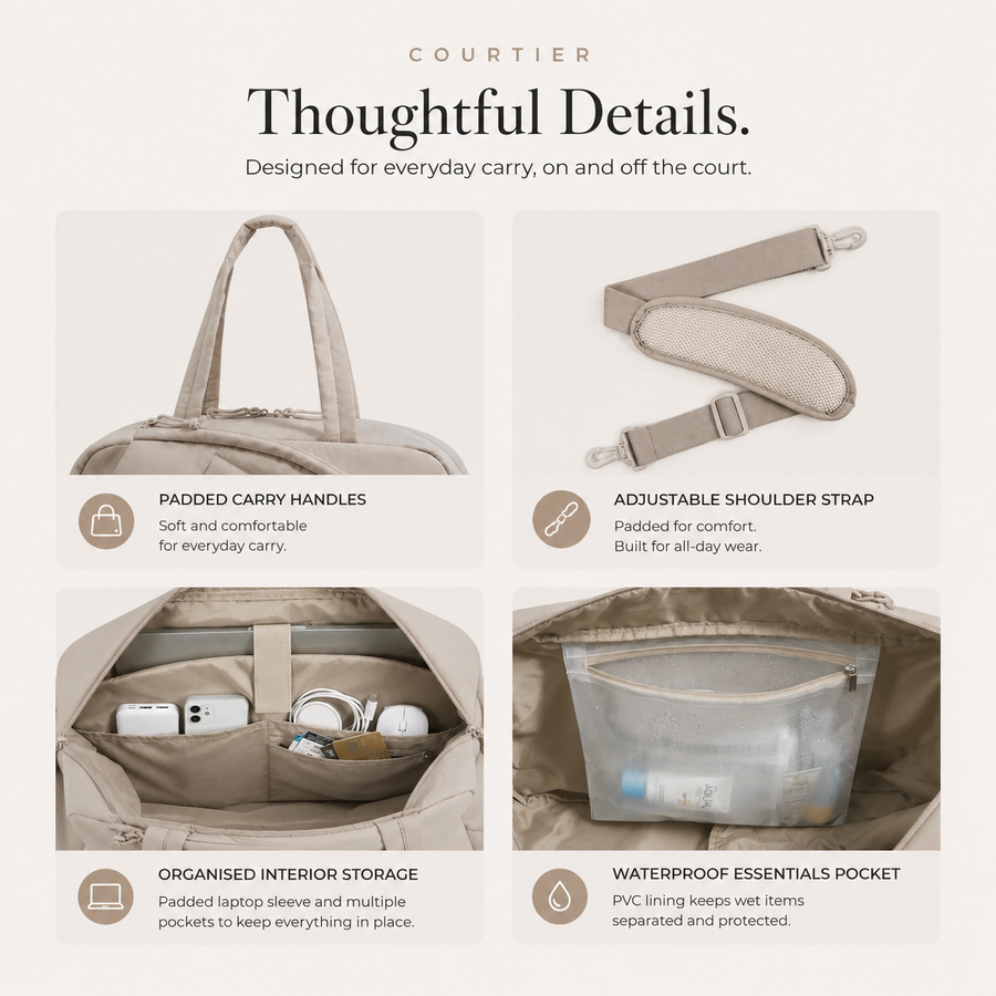 Separate shoe compartment in the Courtier pickleball bag